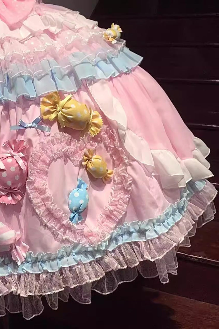 Pink Candy Party Short Sleeves Multi-Layered Ruffled Bow Lace Lace-Up Sweet Lolita Dress