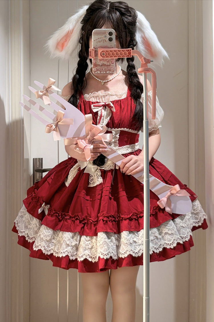 Red Vivian Off Shoulder Short Sleeves Ruffle Bowknot Lace Sweet Princess Lolita Dress