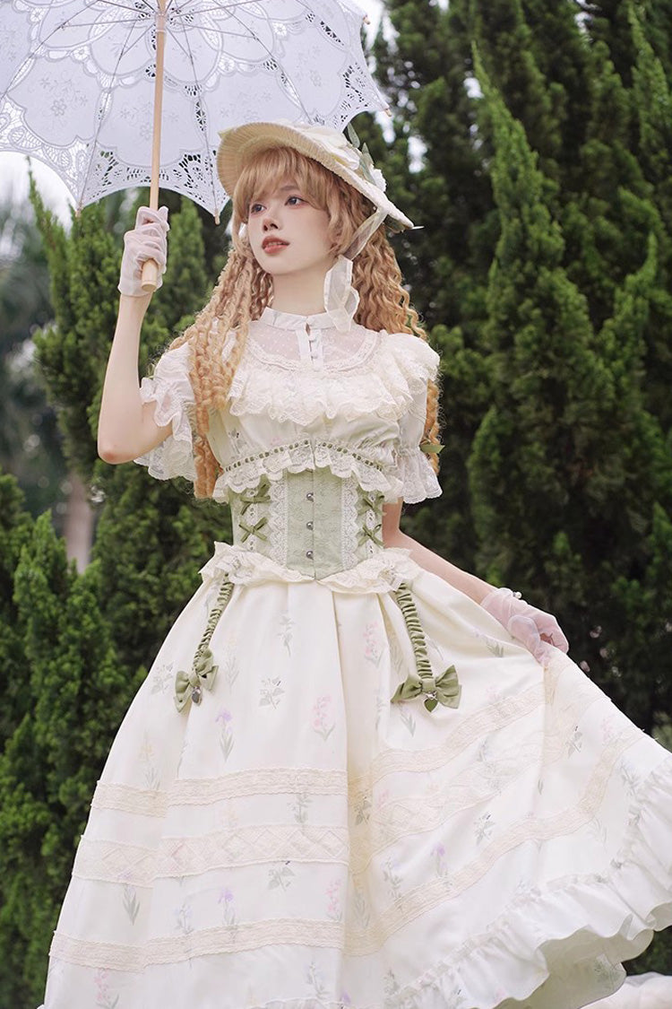 White/Green Letters and Poems to Austen Short Sleeves Print Hollow Lace Sweet Elegant Lolita Dress