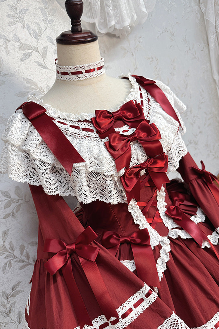Wine Red Rabbit Sleeping Doll Long Trumpet Sleeves Ruffle Bowknot Lace Sweet Lolita Dress