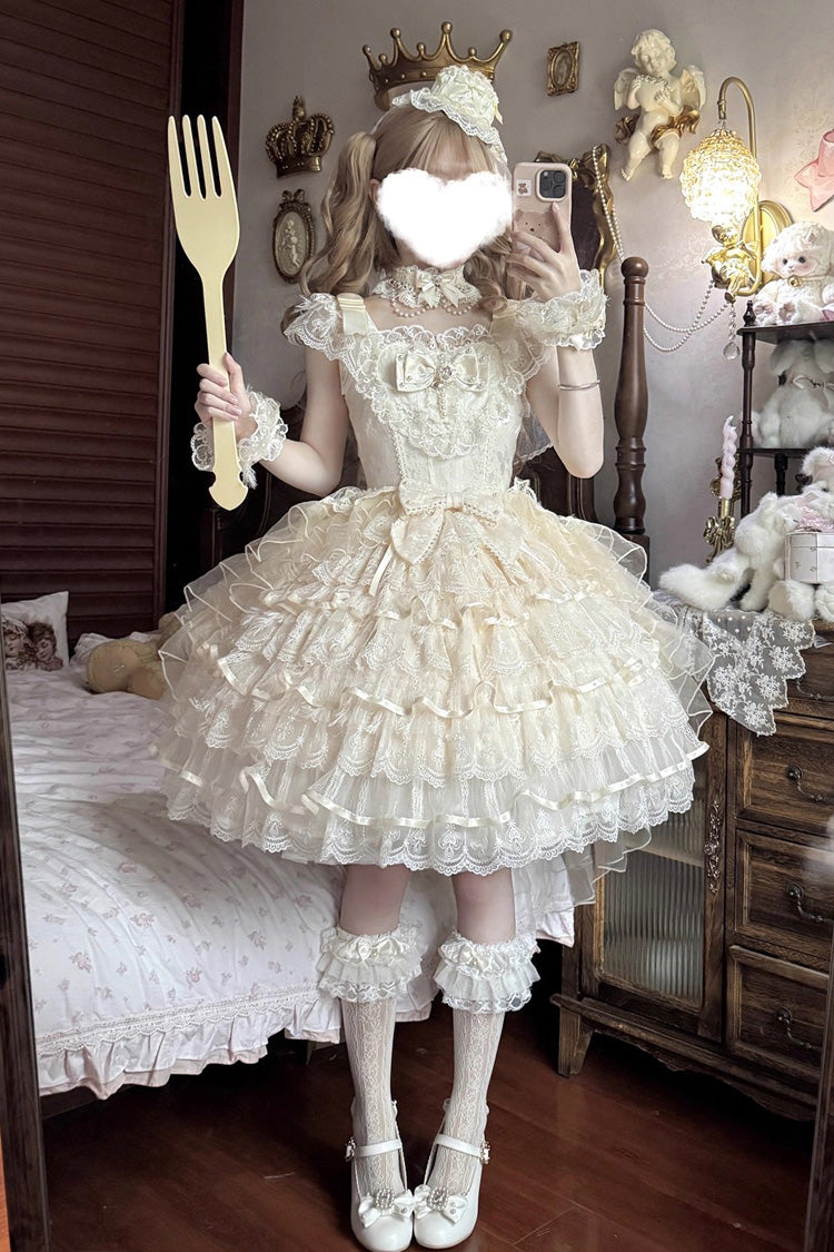 Apricot Ballad of Feathers Sleeveless Multi-Layered Ruffle Hanayome Bowknot Sweet Lolita Jsk Dress
