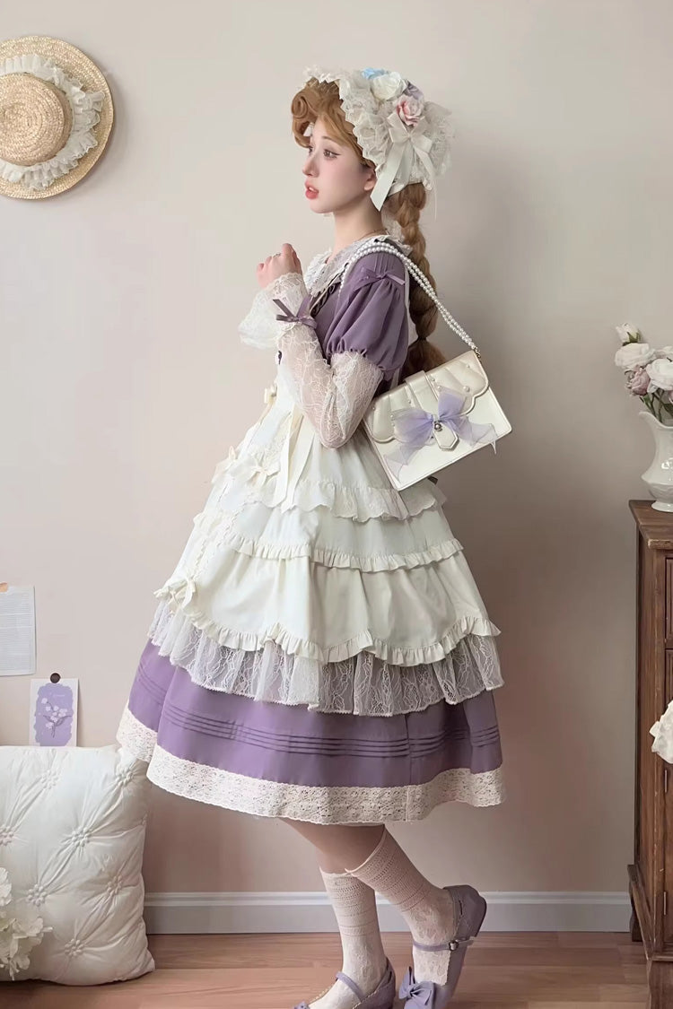 Purple Mist over Flowers Along the Path Lapel Collar Long Sleeves Embroidery Bowknot Lace Sweet Lolita Dress