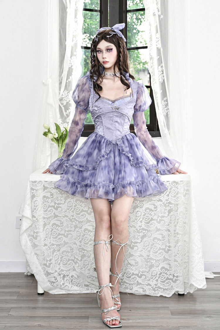 Blue Ruffle Lace Tie-dyed Print Fake Two Pieces Sweet Princess Jsk Dress