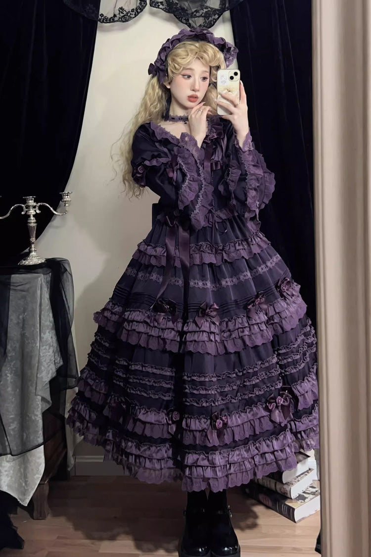 Purple Layered Blackcurrant Short Sleeves Ruffle Bowknot Lace Sweet Lolita Dress