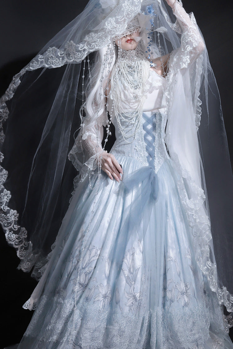 Blue Snow Lily Print Ruffle Hanayome Embroidery Bowknot Lace-Up Sweet Elegant Princess Lolita Skirt Set