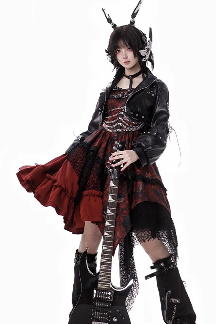 Red Strawberries of Blood and Tears Sleeveless Print Ruffle Bowknot Lace Asymmetric Gothic Lolita Jsk Dress