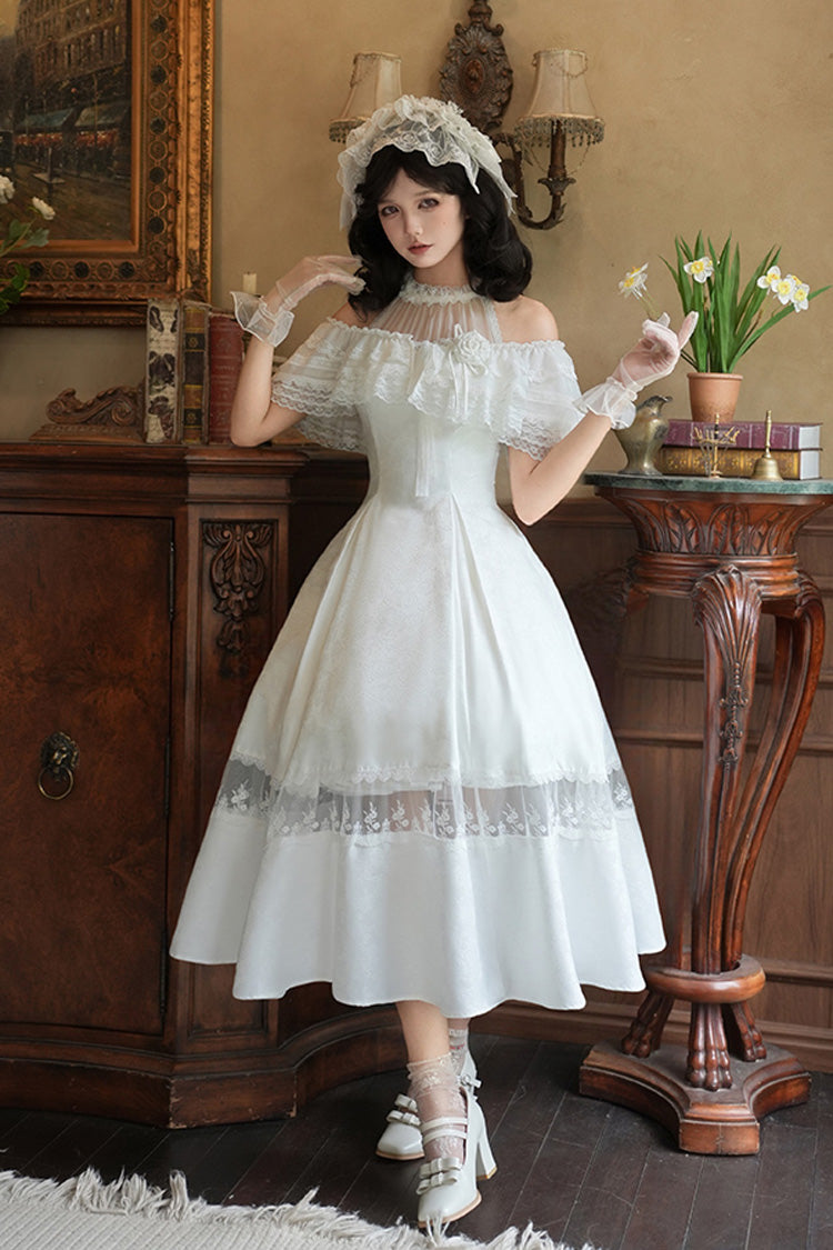 White Flowers in the Mist Off Shoulder Halterneck Print Ruffle Gothic Elegant Lolita Dress