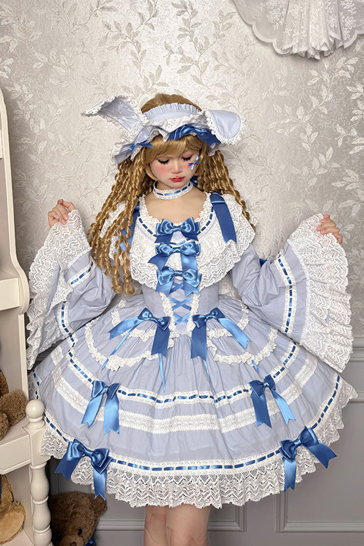 Blue/White Rabbit Sleeping Doll Long Trumpet Sleeves Ruffle Bowknot Lace Sweet Lolita Dress