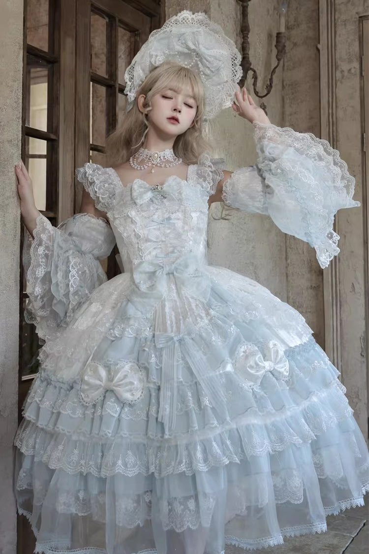 Blue Prelude of Spring Sleeveless Multi-Layered Ruffled Bow Lace Sweet Princess Lolita Jsk Dress