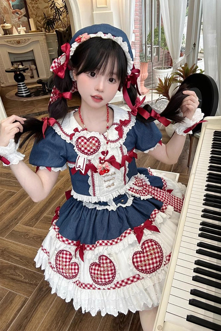 White/Blue/Red Peach Heart Lilith Ruffle Bowknot Lace Lace-Up Sweet Lolita Skirt Set