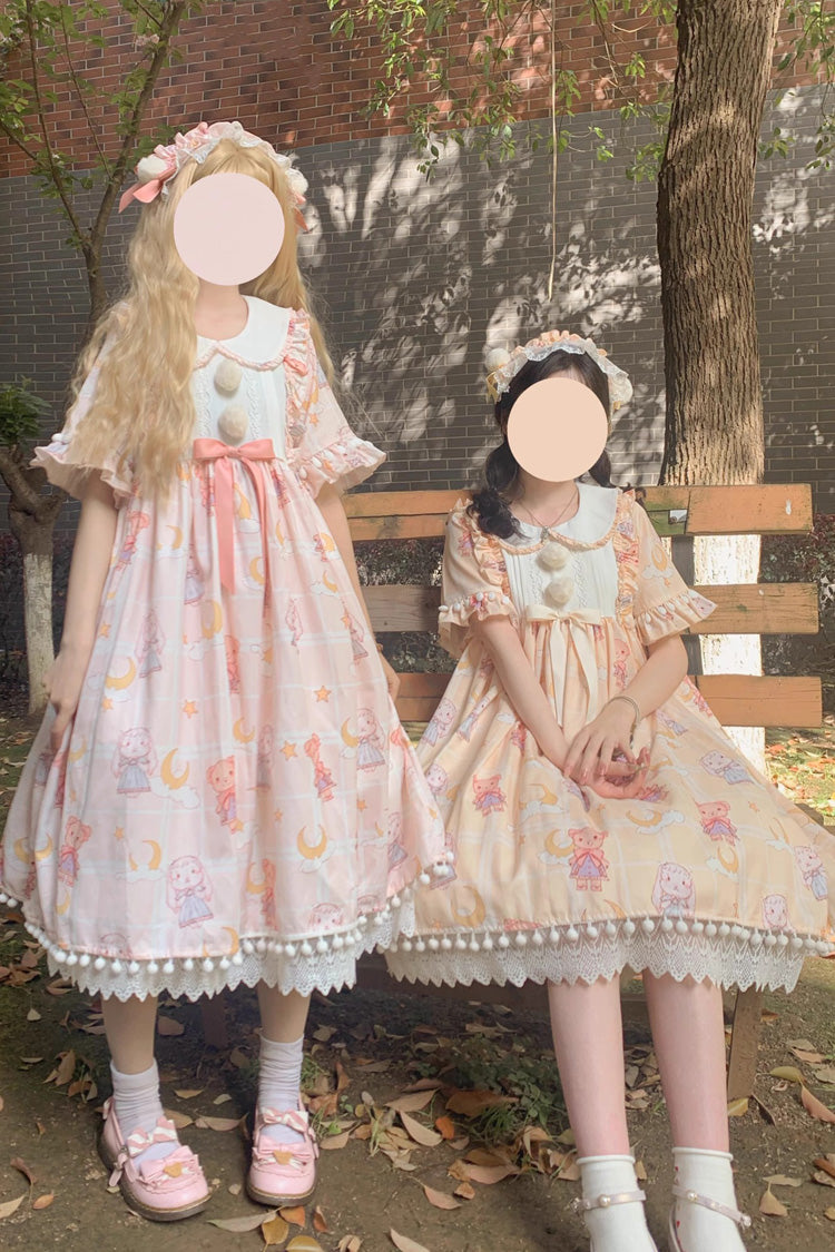 Yellow Doll Collar Short Sleeves Bunny Bear Moon Print Bowknot Stitching Sweet Lolita Dress
