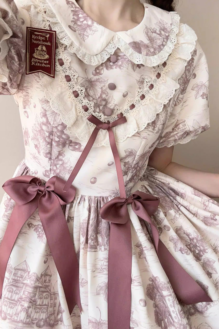 Smoky Purple Grape Moon Almanac Short Sleeves Multi-Layered Printed Ruffled Bow Sweet Lolita Dress