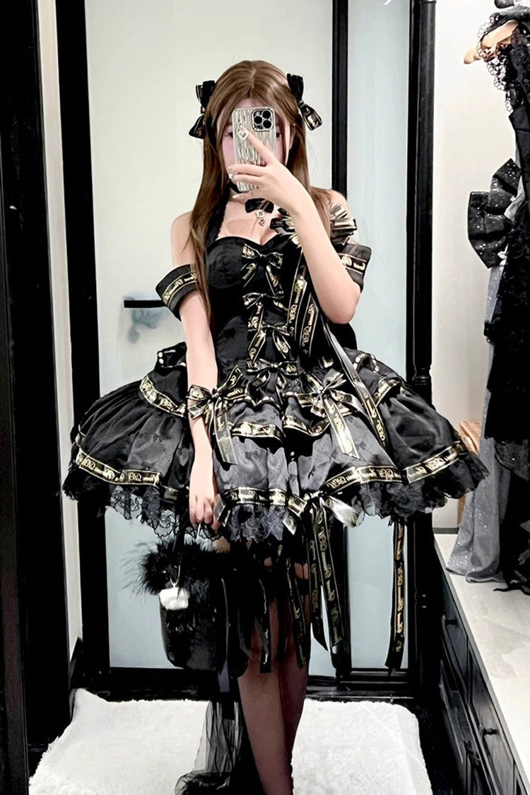 Black Young Lady Halterneck Sleeveless Multi-Layered Ruffle Bowknot Elegant Princess Gothic Lolita Dress