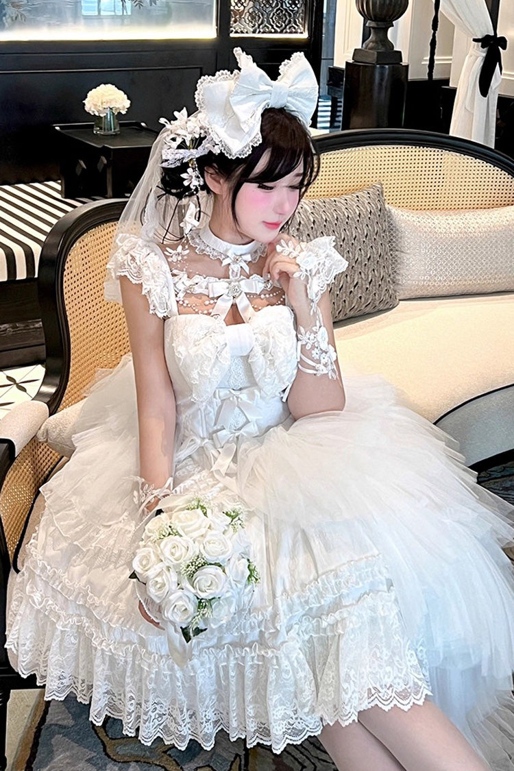 White Jewelry Love Story Halterneck Ruffle Hanayome Bowknot Lace Gothic Lolita Dress
