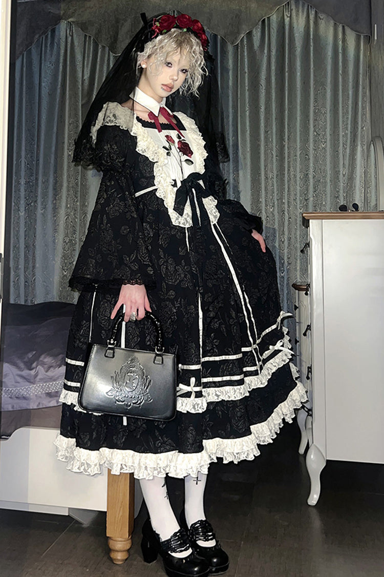 Black Rose Choir Double-Layered Ruffle Embroidery Bowknot Lace Gothic Elegant Nun Lolita Dress
