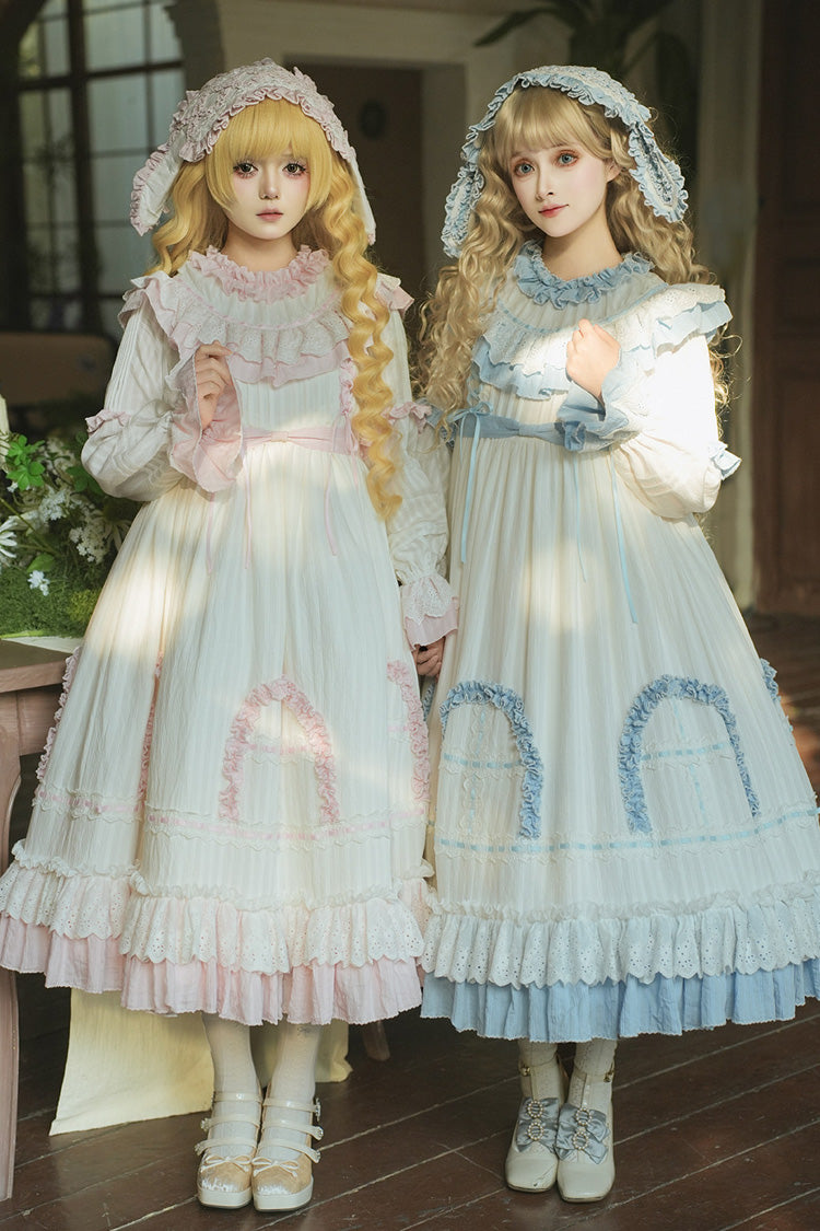 Pink Twin Lilian Round Collar Long Sleeves Double-Layered Ruffled Bow Lace-Up Sweet Lolita Dress