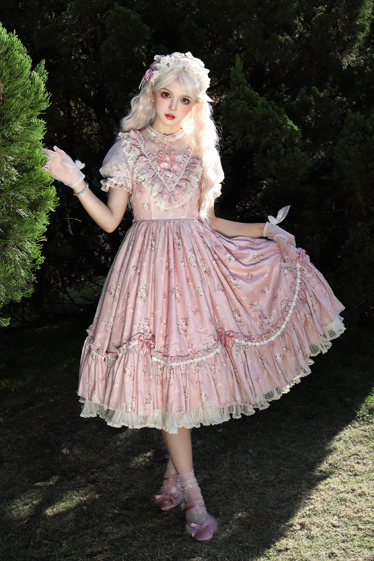 Daydream Rose Short Sleeves Floral Jacquard Print Ruffle Embroidery Bowknot Sweet Lolita Dress 3 Colors