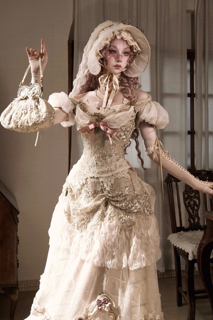 Light Brown Cupid's Poetry Box Boat Neck Short Puff Sleeves Ruffled Cut-Out Embroidered Bow Lace Gothic Elegant Lolita Skirt Dress and Top Set