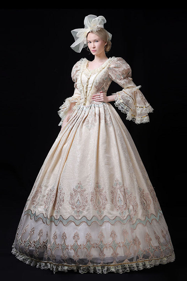 Champagne Trumpet Sleeves Lace Stitching High Waisted Hollow Embroidery Print Victorian Lolita Prom Dress