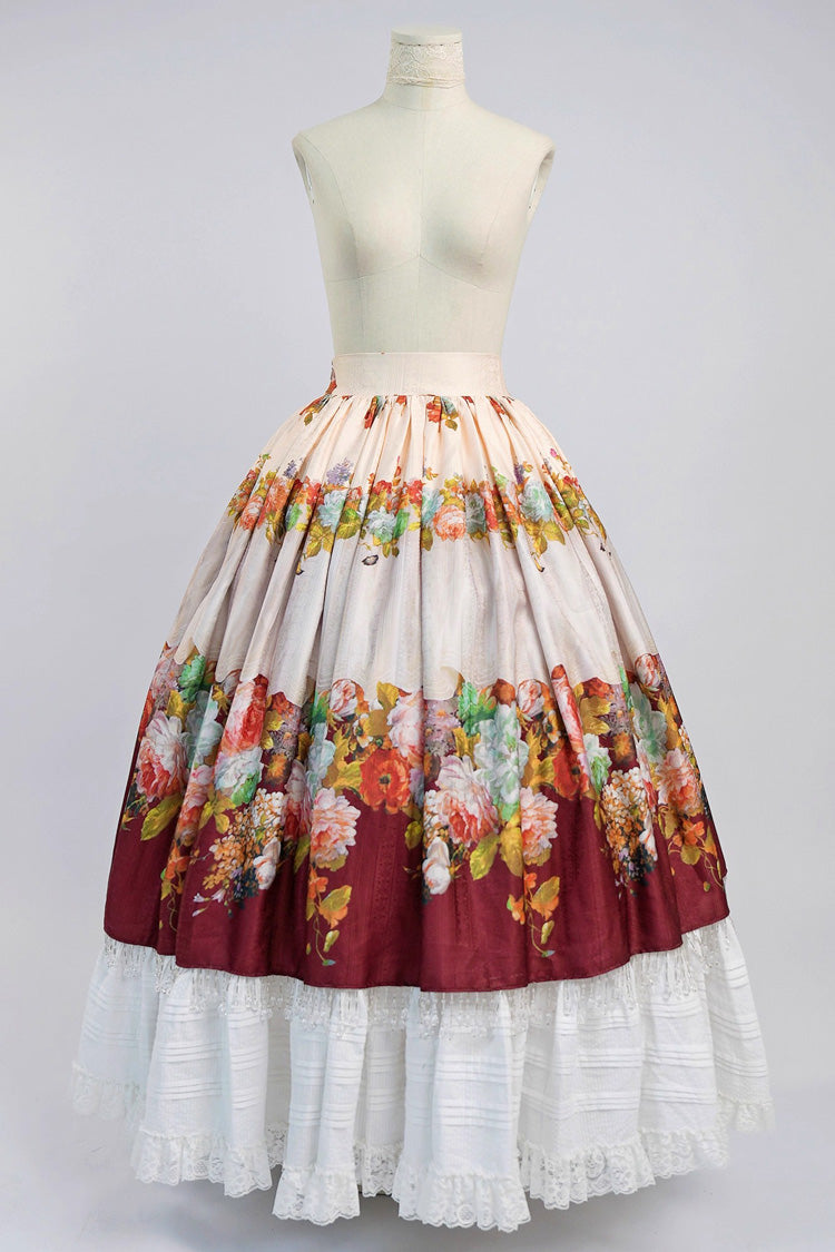 Red Rainy Season Garden Print Ruffle Sweet Classic Lolita Skirt
