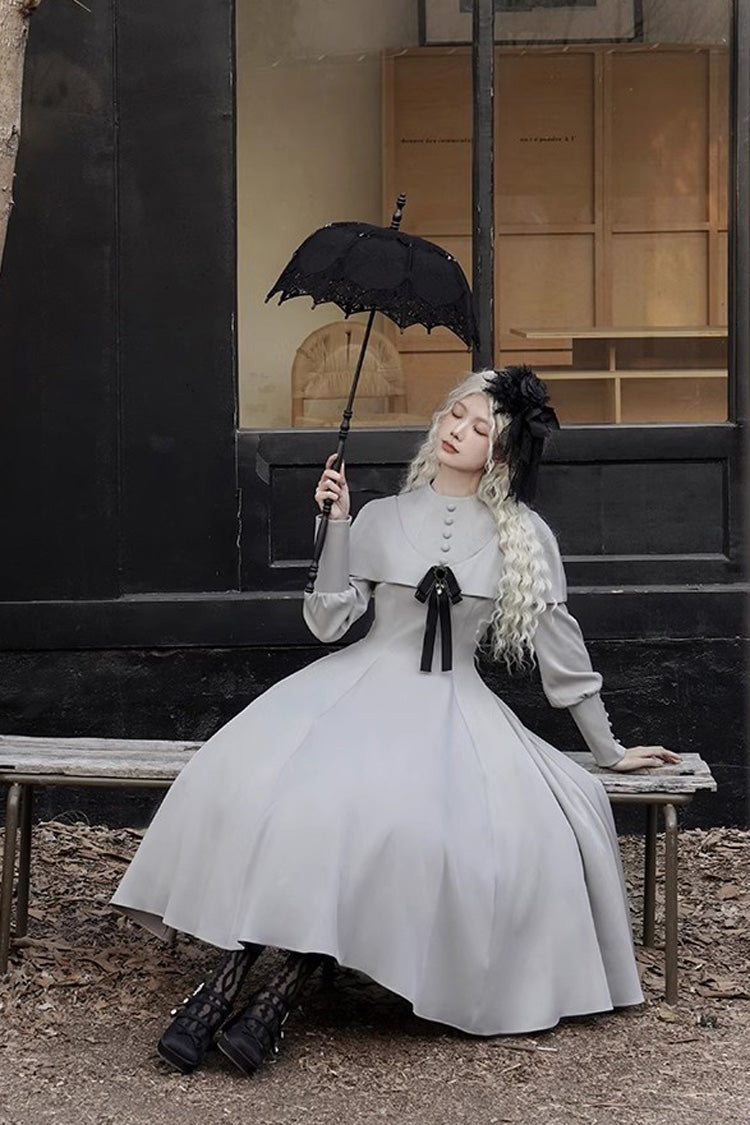 Grey Thirteenth Evening Long Sleeves Slim Gothic Elegant Lolita Dress