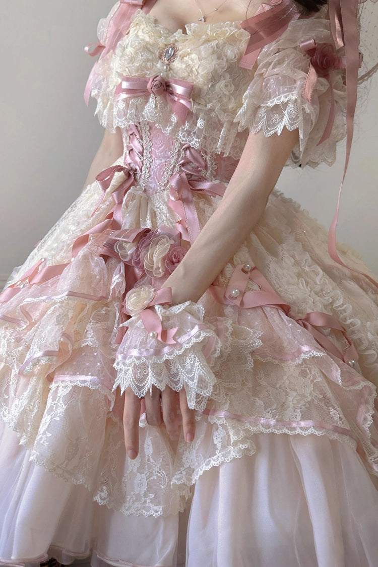 Pink Diane Rose Short Sleeves Multi-Layered Jacquard Ruffle Hanayome Cardigan Bowknot Lace Sweet Lolita Dress