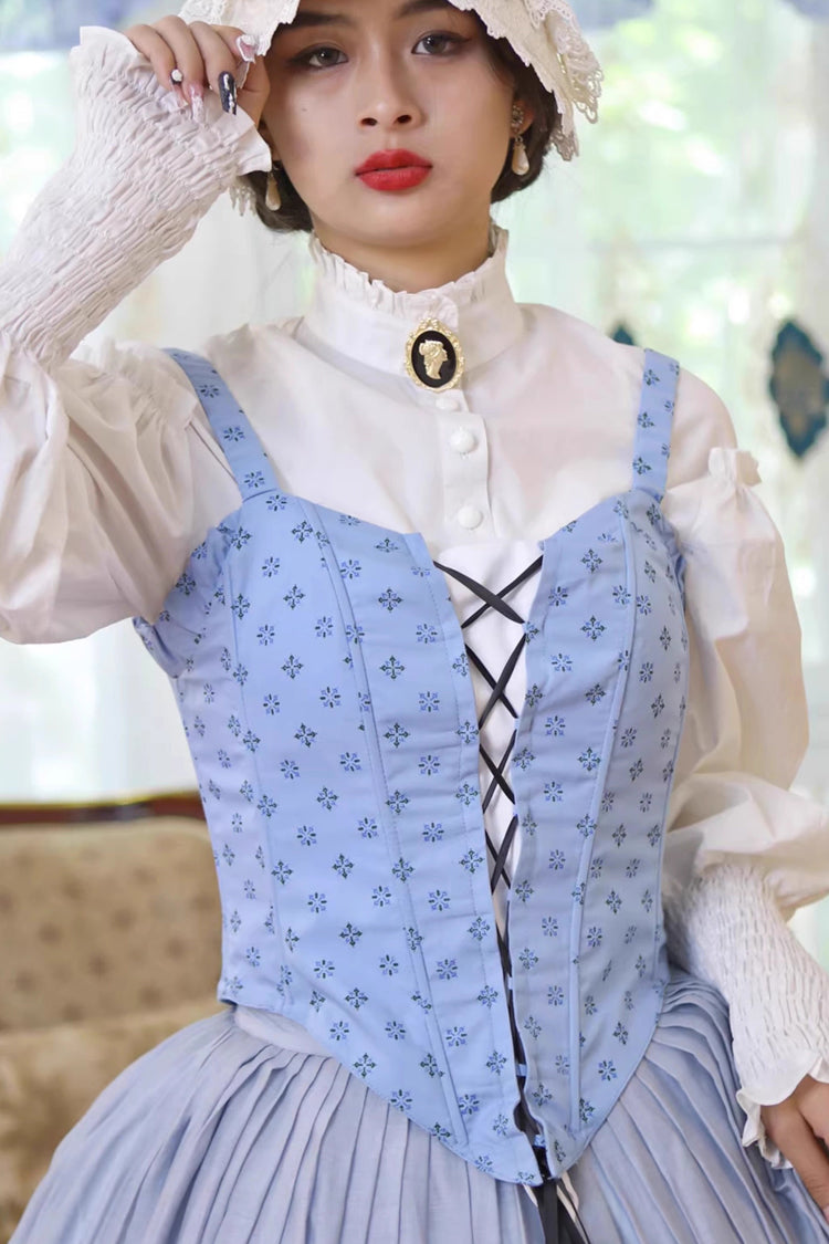 Light Blue Bashu Girl Long Puff Sleeves Print Lace-Up Fishbone Corset Sweet Lolita Skirt Dress Three-Piece Set