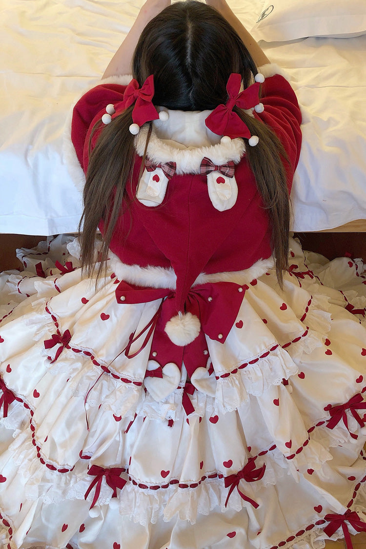 Red/Apricot Triple-Layered Print Ruffle Bowknot Lace Sweet Princess Lolita Dress Cloak Set