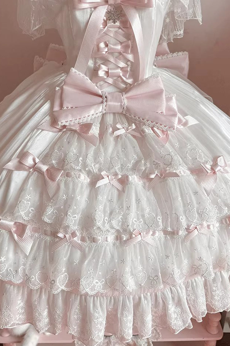 White/Pink Snow of Love Ruffled Hanayome Open-Front Bow Lace Sweet Princess Lolita Dress