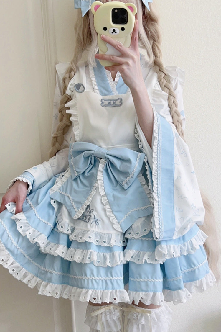 Blue/White Double-Layered Ruffle Bowknot Maid Sweet Lolita Skirt Set