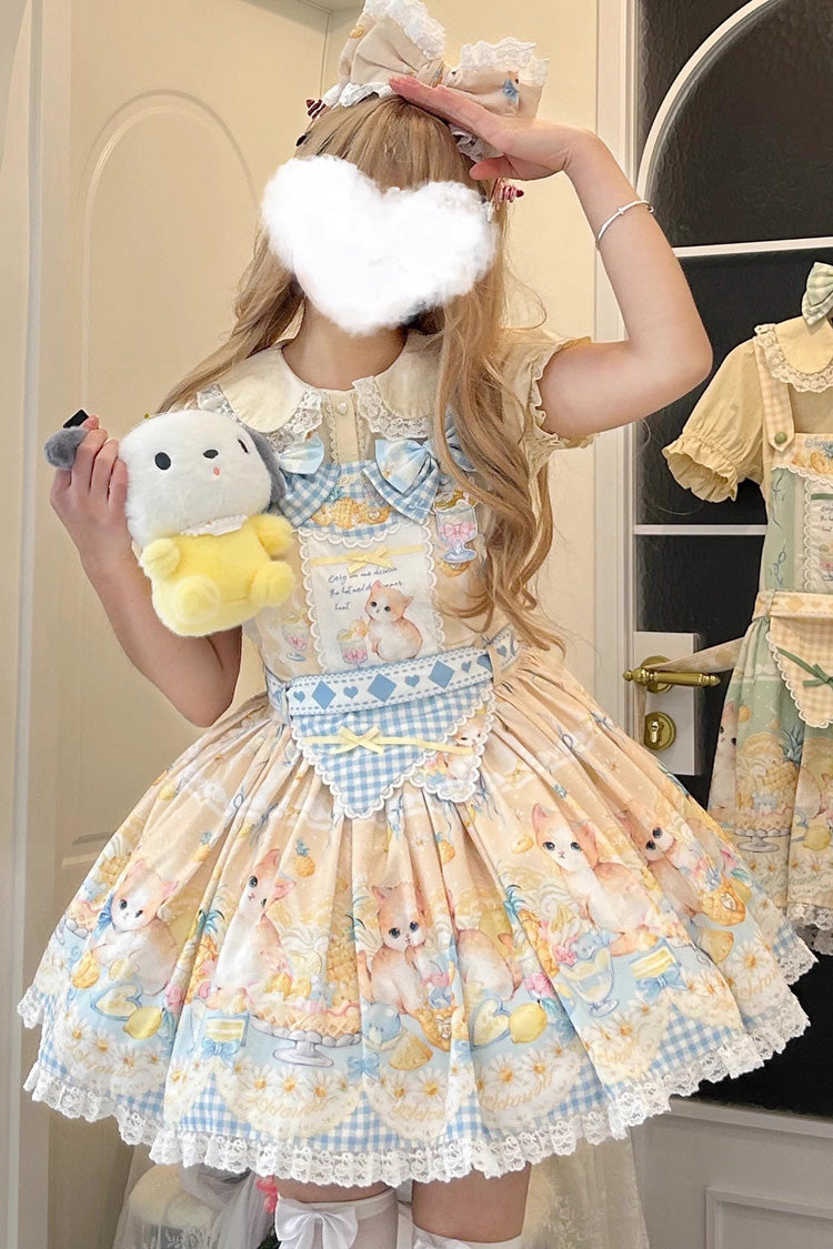 Yellow Pineapple Cat Print Sleeveless Bowknot Lace Sweet Lolita Strap Dress