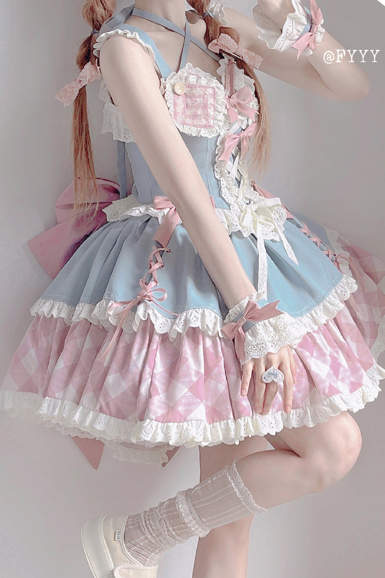 Blue/Pink Sweetheart Cowboy Plaid Print Ruffle Bowknot Sweet Lolita Skirt Set