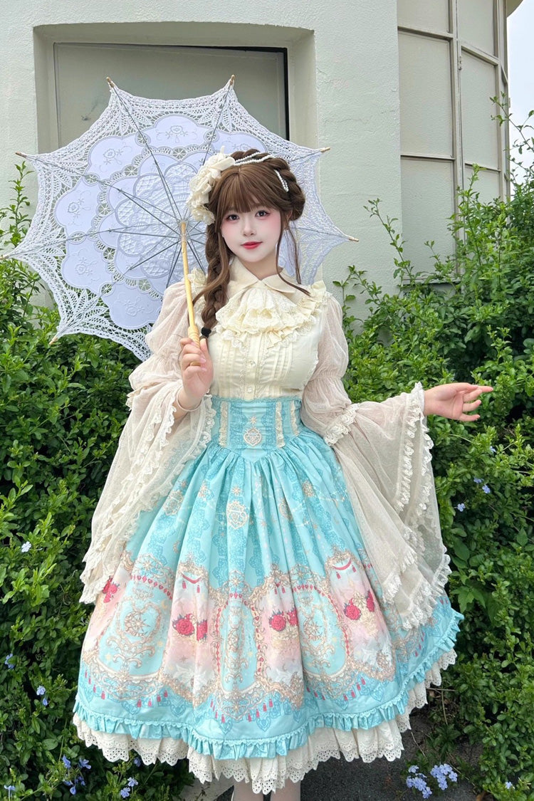 Blue Moonlit Garden Secret Print Ruffle Embroidery Lace Sweet Elegant Palace Lolita Skirt