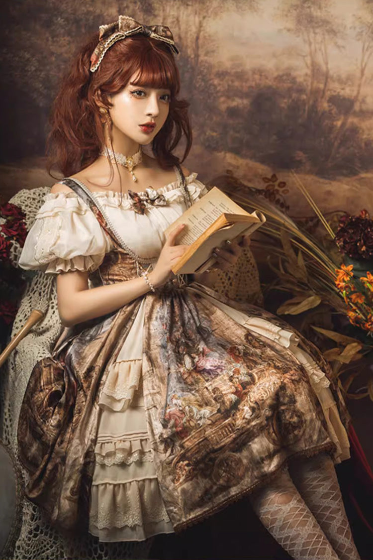 Brown Cloria Oil Painting Print Bowknot Lace Sweet Elegant Palace Lolita Jsk Dress