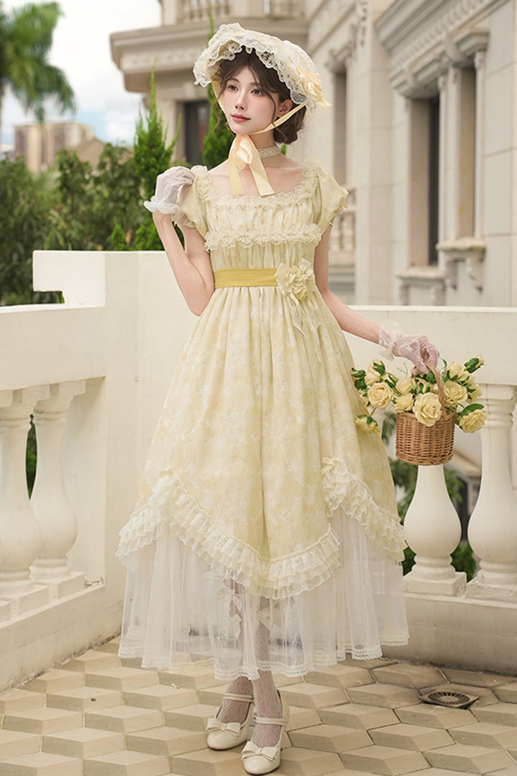 Yellow Falling Flowers as a Message Square Collar Short Sleeves Print Ruffle Lace Sweet Elegant Lolita Long Dress
