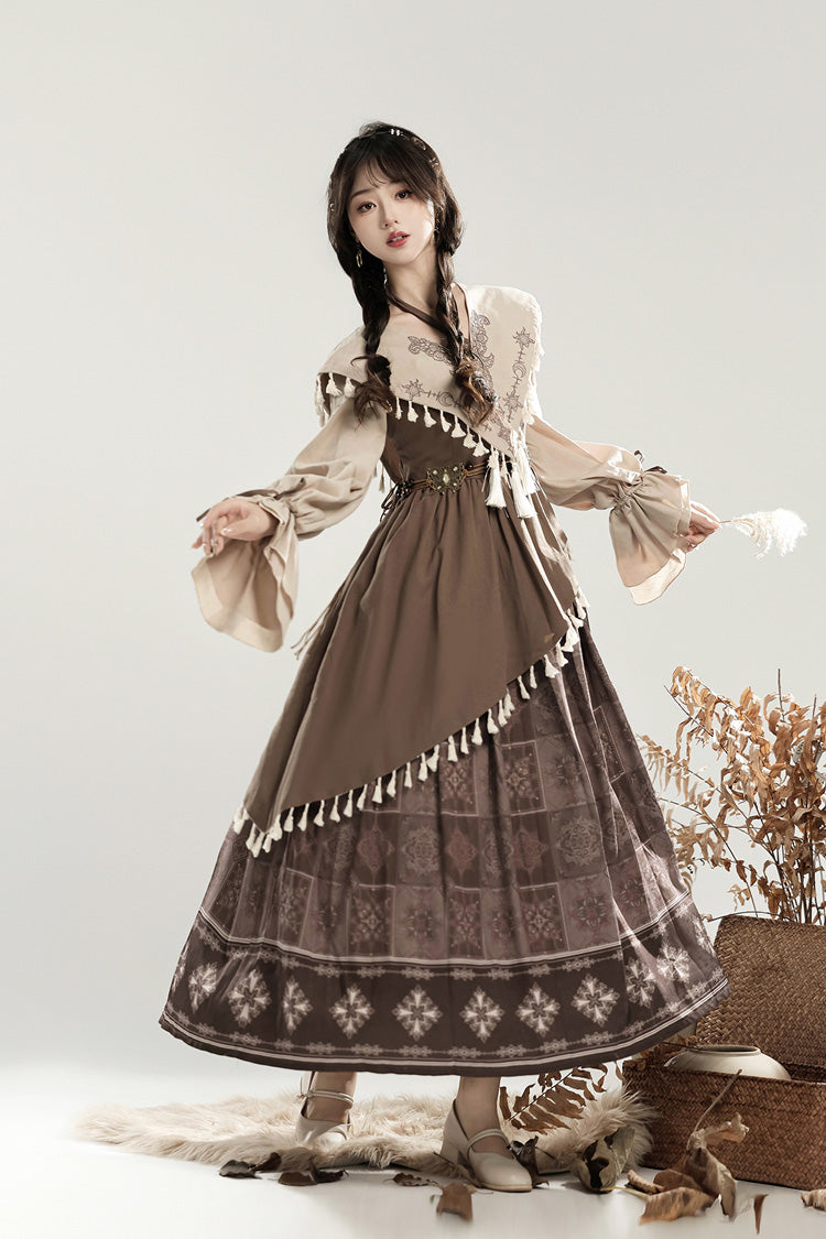 Brown Mysterious Tribe Long Lantern Sleeves Print Ruffle Asymmetric Sweet Chinese Style Lolita Dress