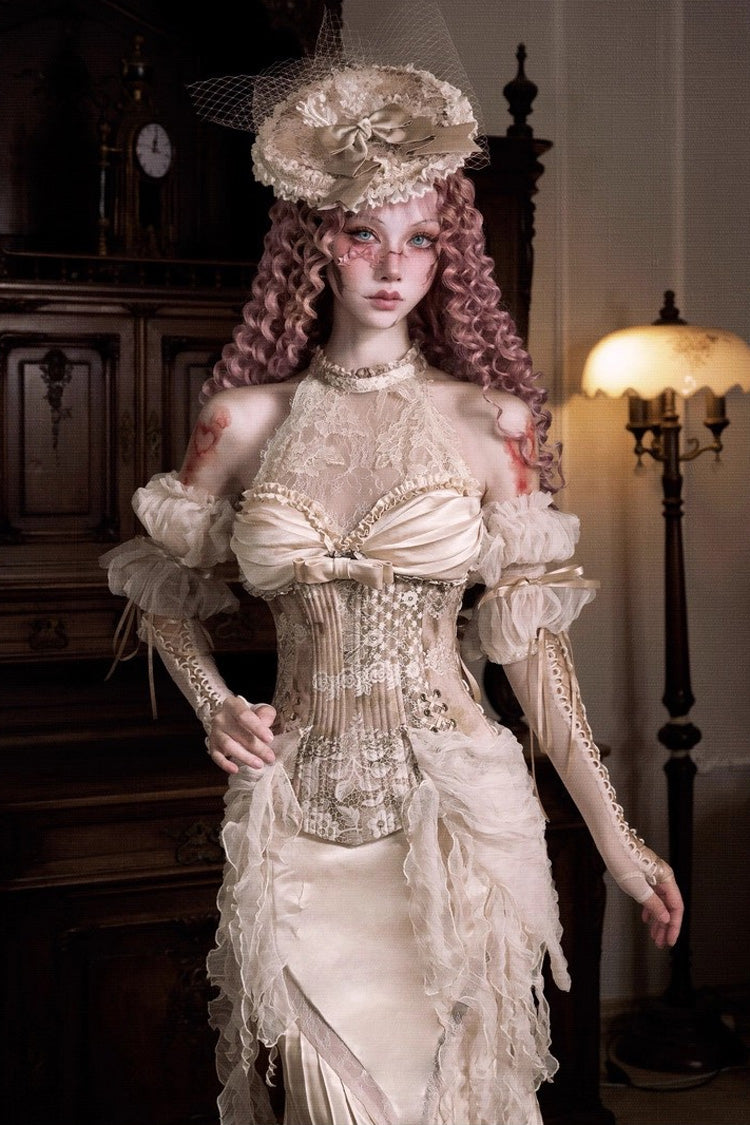Golden Cupid's Poetry Box Halterneck Ruffled Embroidered Bow Lace Slim Fishbone Gothic Lolita Top and Skirt Dress Set