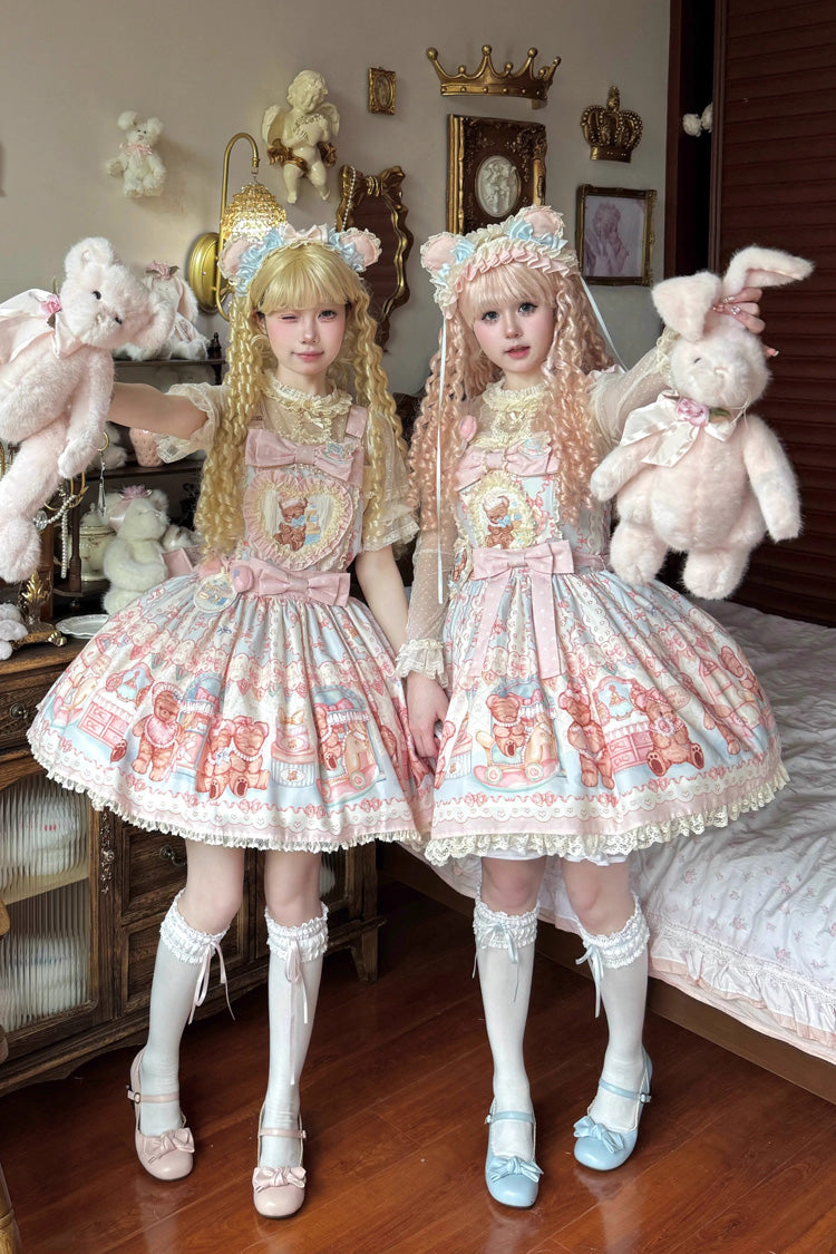 Bear Anniversary Celebration Sleeveless Printed Ruffled Bow Sweet Lolita Jsk Dress 2 Colors