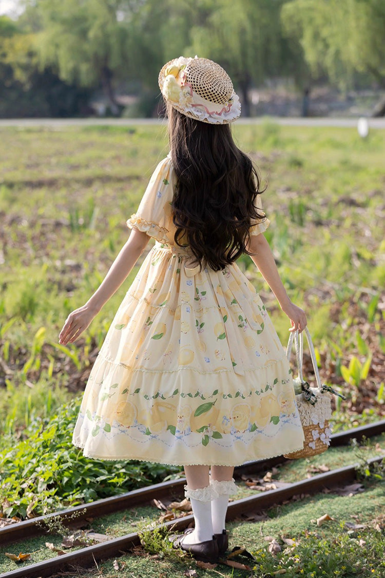 Yellow Lemon Chicken Short Sleeves Print Ruffle Bowknot Lace Daily Sweet Lolita Dress