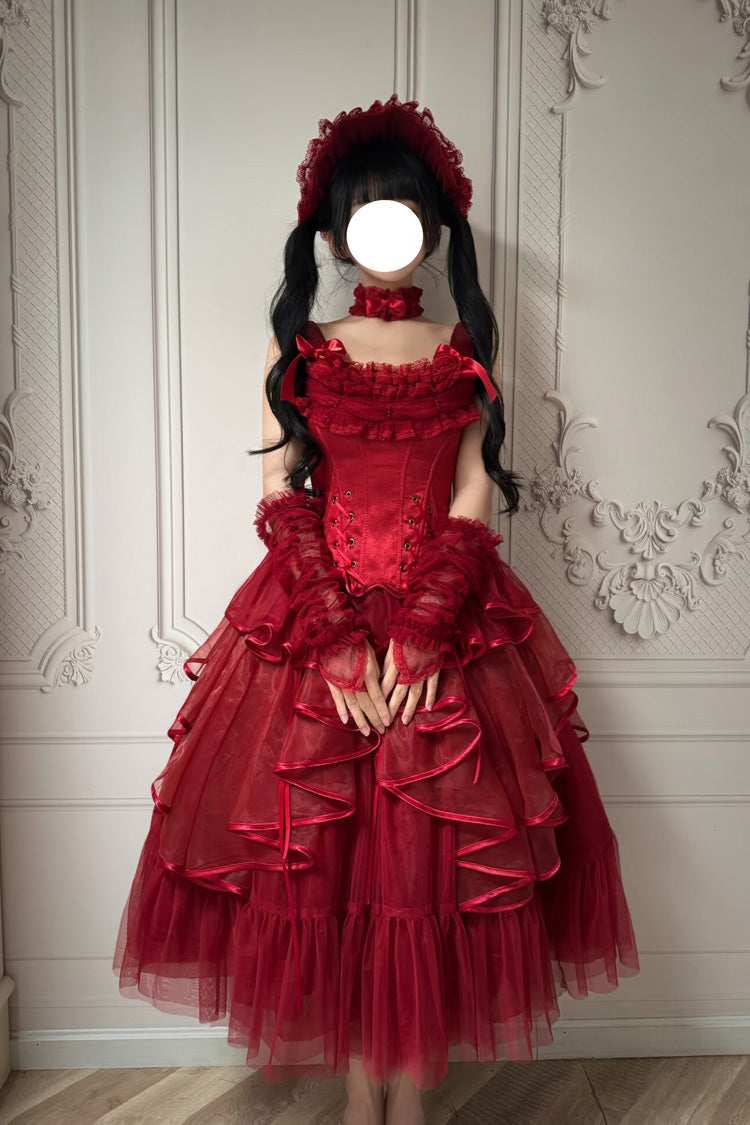 Red The Summer Waves Sparkle Square Collar Sleeveless Multi-Layered Ruffled Bow Lace-Up Slim Classic Lolita Skirt Set