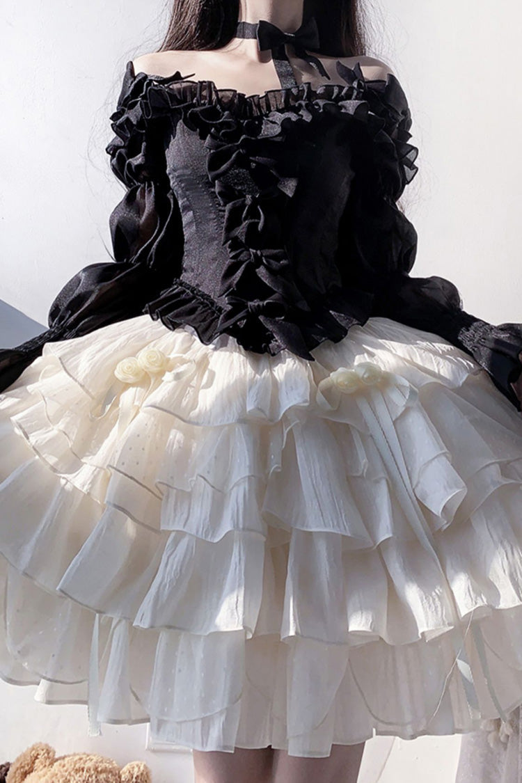 Black Top and Apricot Bowknot Sweet Princess Lolita Layered Skirt Dress