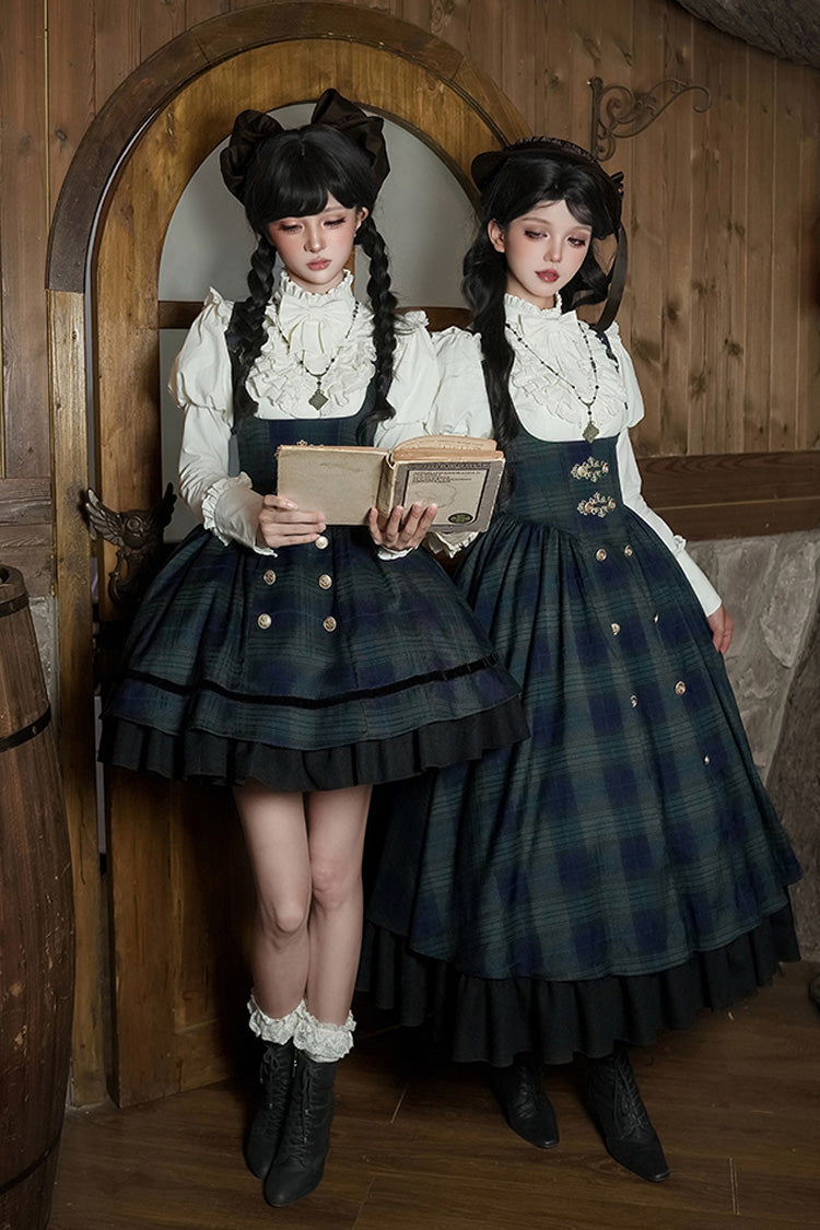 Blue/Green Berlin's letter Double-Layered Plaid Print Ruffle Bowknot Classic College Style Lolita Strap Dress Set 2 Versions