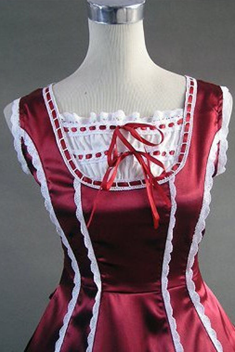 Wine Red Cotton Square Collar Sleeveless Floor Length Multi-Layer Pleats Victorian Gothic Lolita Dress