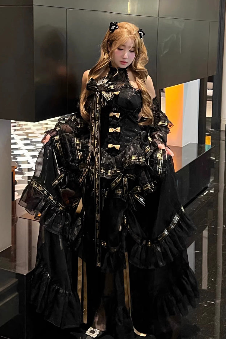 Black Obsidian Banquet Double-Layered Ruffled Hanayome Bow Lace Sweet Gothic Princess Lolita Jsk Dress