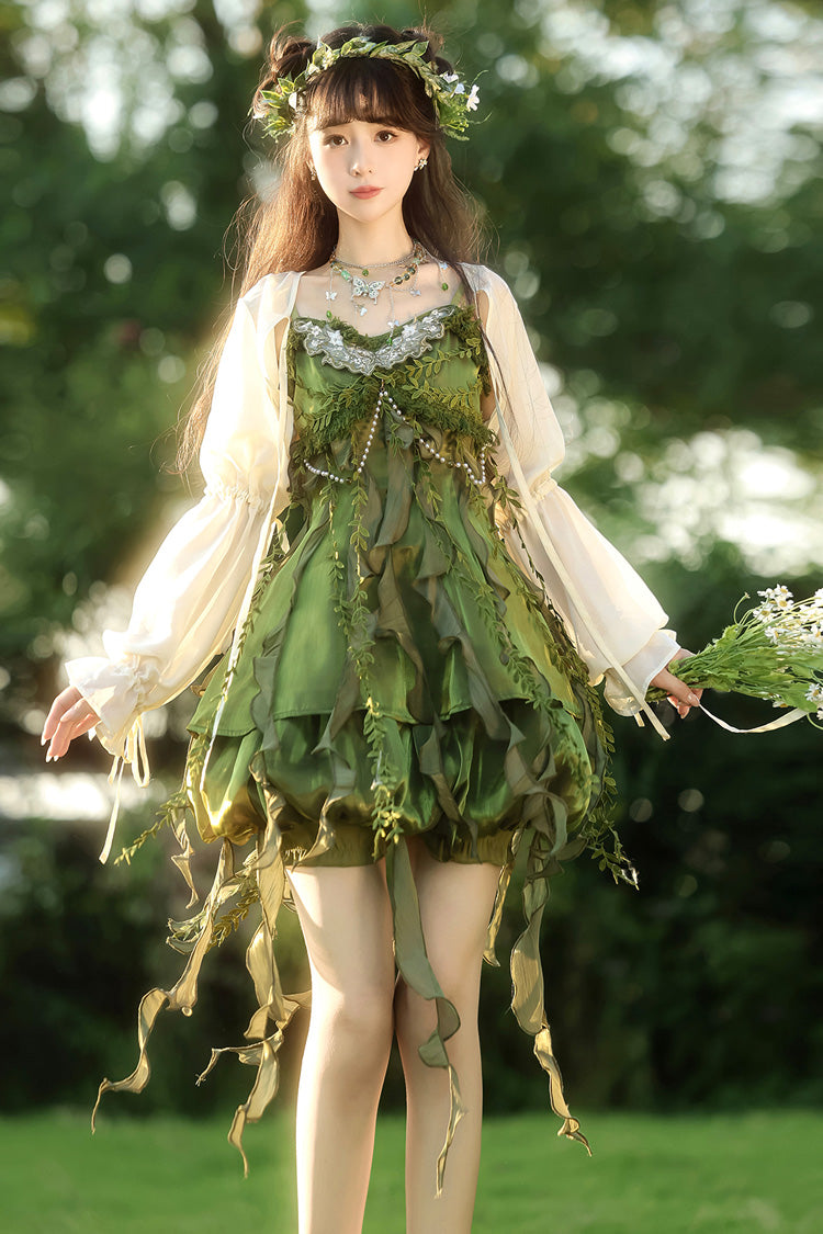 Green Children of the Forest Leaf Decoration Ruffle Irregular Sweet Lolita Jsk Dress Set