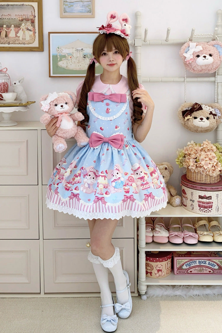 Blue/Pink Cupid Bunny Printed Sleeveless Bow Sweet Princess Lolita Strap Dress