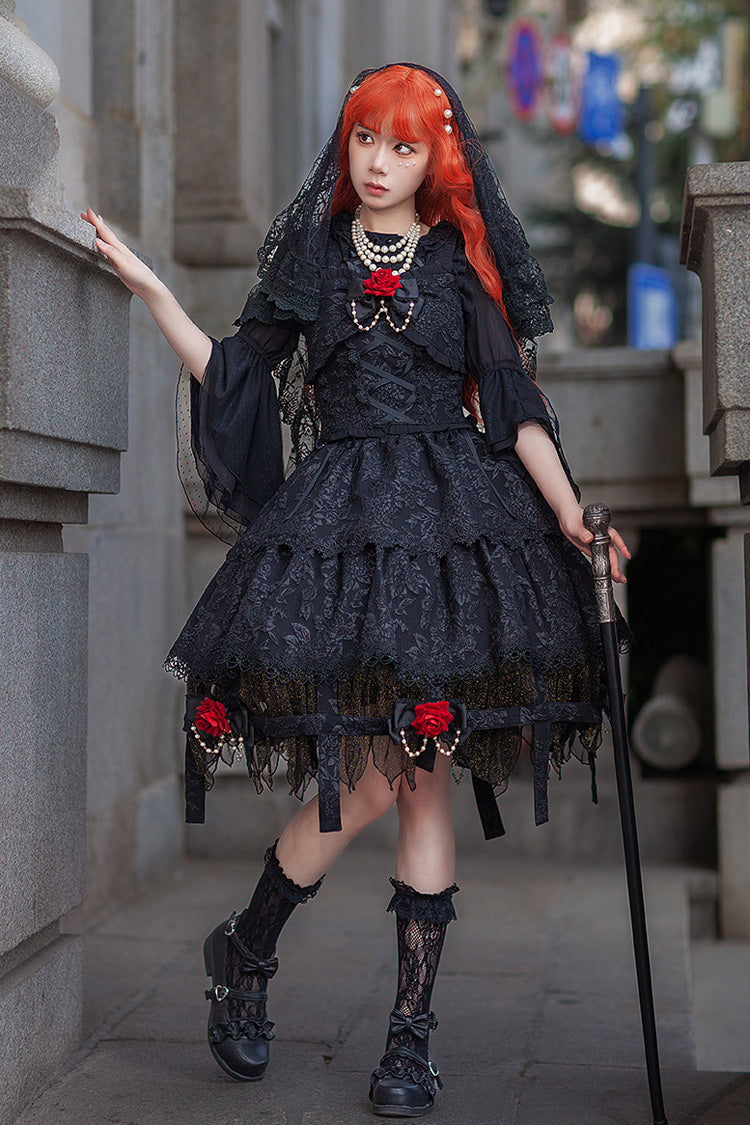 Black Apprentice Witch Double-Layered Ruffle Lace Gothic Lolita Skirt
