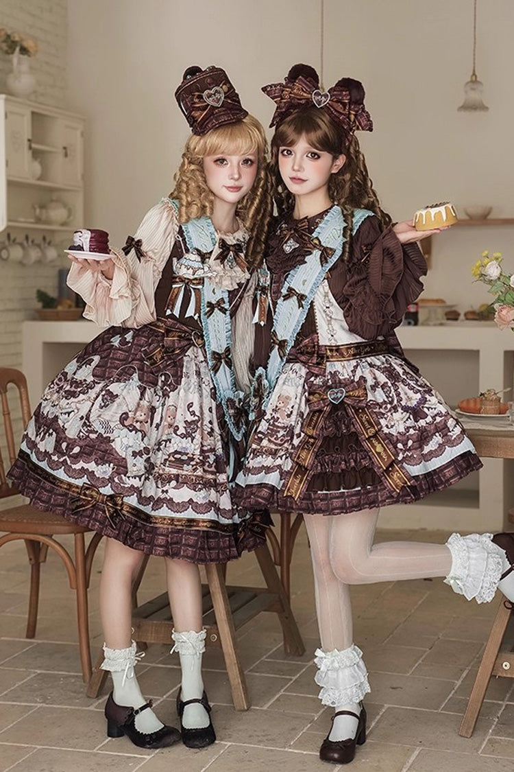 Brown Teddy Bear Chocolate Sleeveless Print Ruffle Side Cardigan Bowknot Asymmetric Sweet Lolita Strap Dress