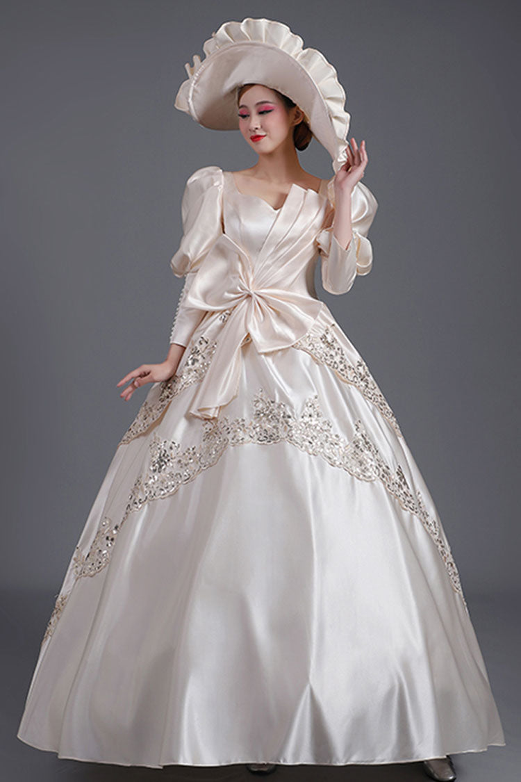 Champagne Half Sleeves Asymmetric Big Bowknot High Waisted Hollow Embroidery Print Victorian Lolita Prom Dress
