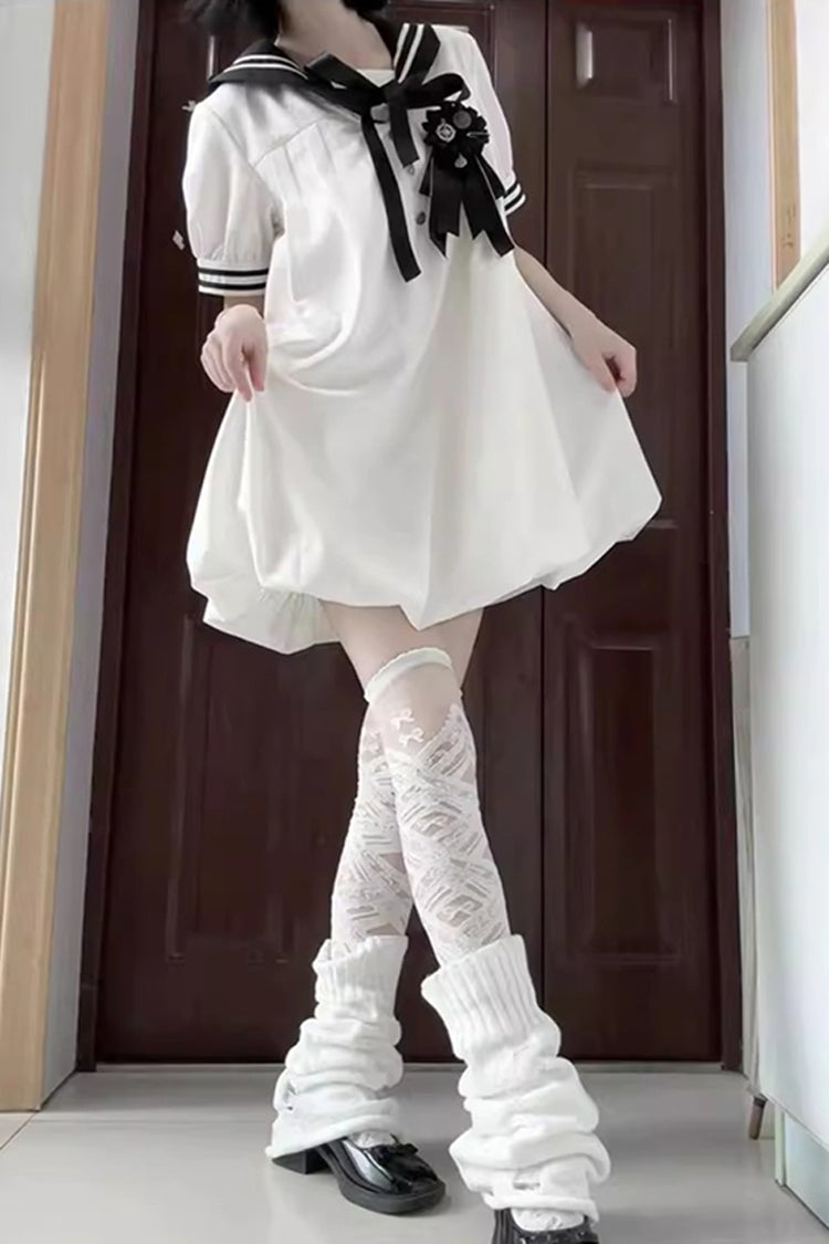Black/White Old Stories Navy Collar Short Sleeves Bowknot Sweet Lolita Dress